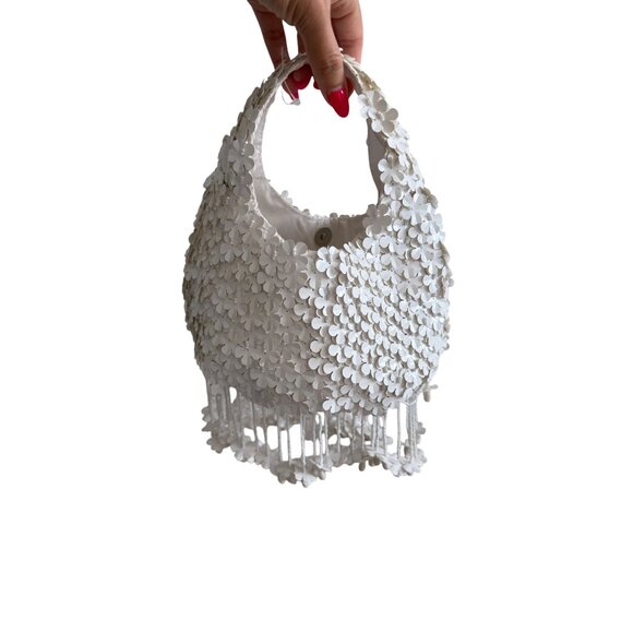 FLORAL White Appliqué Handbag With Beaded Fringe - Picture 4 of 8